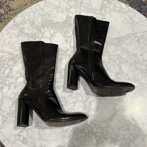 Costume National Black Lambskin. Midi Block Heel Boots 37.5